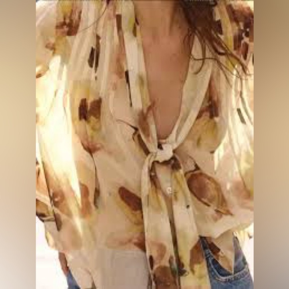 ZARA Scarf Detail Floral Print Oversized Shirt | Ecru/Yellow - Picture 2 of 14
